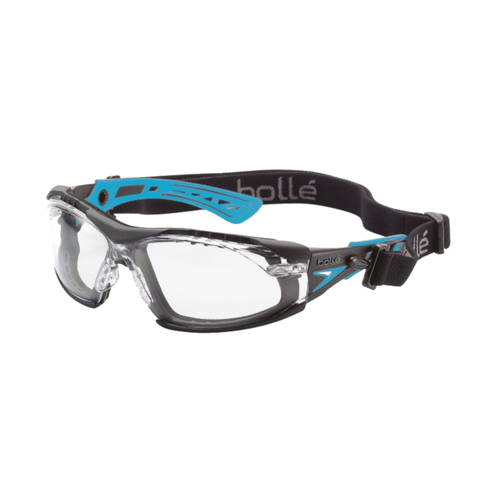 WORKWEAR, SAFETY & CORPORATE CLOTHING SPECIALISTS - RUSH+ SMALL SEAL Black / Blue Temples PLATINUM AS/AF Clear Lens - Assembled with Gasket & Strap - Spectacles