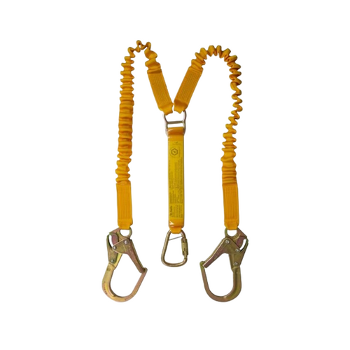 WORKWEAR, SAFETY & CORPORATE CLOTHING SPECIALISTS Shock Absorbing Lanyard B-Safe Elasti Twin 2M-1.5M Stel Trip Lck Karab Scaf Hoks 50KG-140K