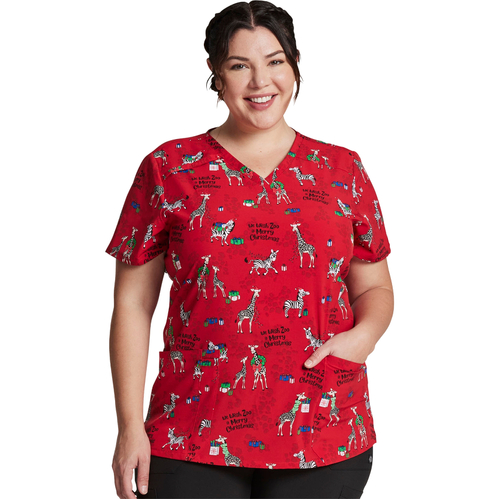 WORKWEAR, SAFETY & CORPORATE CLOTHING SPECIALISTS - V-Neck Print Top in Wish Zoo A Merry Christmas