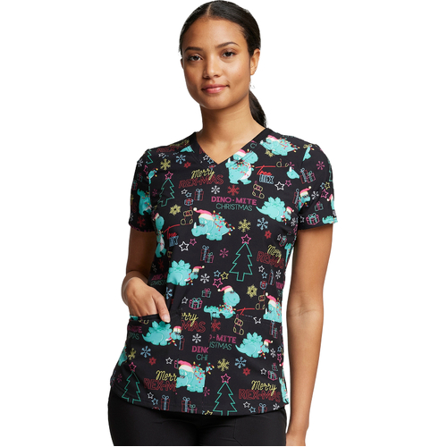 WORKWEAR, SAFETY & CORPORATE CLOTHING SPECIALISTS V-Neck Print Top in Merry Rex-mas-Merry Rex-mas-2XL