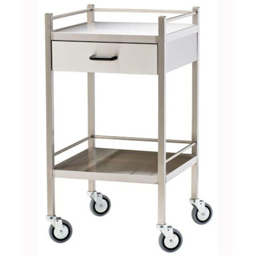 WORKWEAR, SAFETY & CORPORATE CLOTHING SPECIALISTS - TROLLEY, STAINLESS STEEL CONSTRUCTION, 2 SHELVES WITH WHEELS AND PULL OUT DRAWER