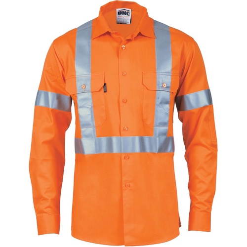 WORKWEAR, SAFETY & CORPORATE CLOTHING SPECIALISTS - HiVis Cool-Breeze Cotton Shirt with  X  Back & additional 3m r/Tape on Tail - long sleeve