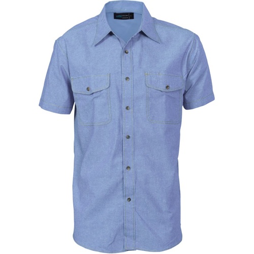 WORKWEAR, SAFETY & CORPORATE CLOTHING SPECIALISTS Mens Twin Flap Pocket Cotton Chambray - Short Sleeve