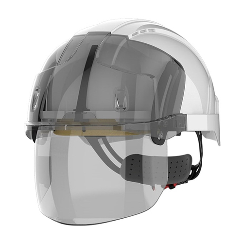 WORKWEAR, SAFETY & CORPORATE CLOTHING SPECIALISTS EVO VISTA SHIELD NON VENTED WHITE/SMOKE HELMET - WHEEL RATCHET - CLEAR VISOR