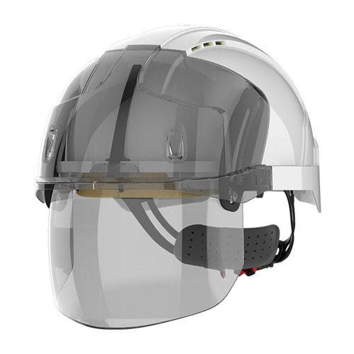 WORKWEAR, SAFETY & CORPORATE CLOTHING SPECIALISTS EVO VISTA SHIELD VENTED WHITE/SMOKE HELMET - WHEEL RATCHET - CLEAR VISOR