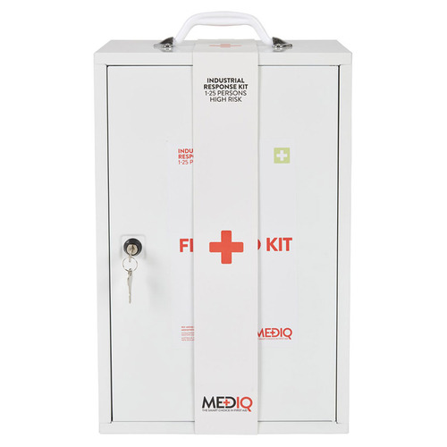 WORKWEAR, SAFETY & CORPORATE CLOTHING SPECIALISTS - DISCONTINUED - MEDIQ ESSENTIAL FIRST AID KIT WORKPLACE RESPONSE IN WHITE METAL WALL CABINET 1-25 PERSONS HIGH RISK