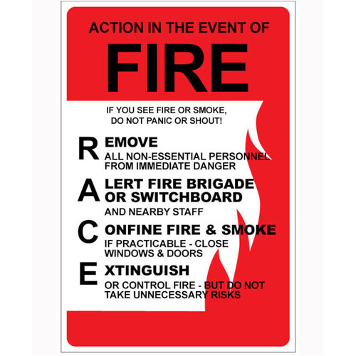 WORKWEAR, SAFETY & CORPORATE CLOTHING SPECIALISTS In The Event of Fire - RACE Sign
