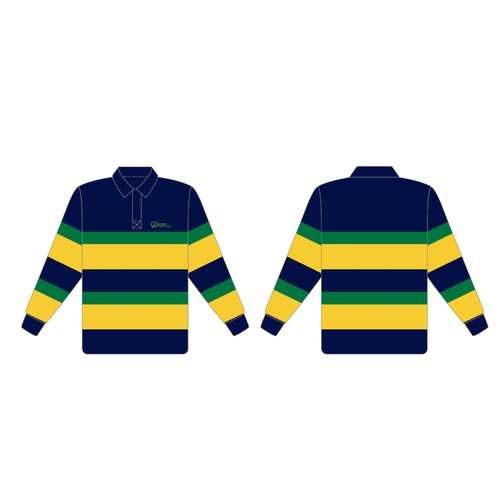 WORKWEAR, SAFETY & CORPORATE CLOTHING SPECIALISTS SUNRAYSIA RUGBY - NAVY, GREEN AND YELLOW STRIPE - WITH SHA LOGO LHS