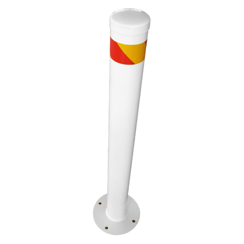 WORKWEAR, SAFETY & CORPORATE CLOTHING SPECIALISTS - 90 x 900mm White Surface Mount Steel Bollard with reflective red stripe