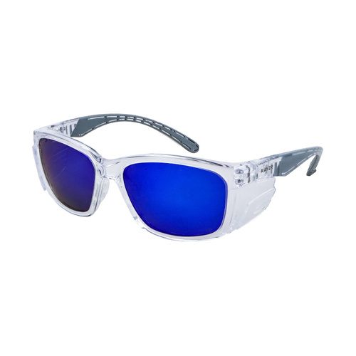 WORKWEAR, SAFETY & CORPORATE CLOTHING SPECIALISTS - Rayzr Safety Glasses with microfibre bag - Clear Frame with Blue Mirror Lens UV400 - Polarized