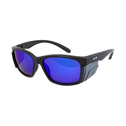 WORKWEAR, SAFETY & CORPORATE CLOTHING SPECIALISTS Rayzr Safety Glasses with microfibre bag - Black Frame with Blue Mirror Lens UV400 - Polarized