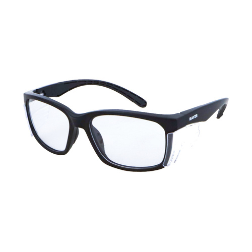 WORKWEAR, SAFETY & CORPORATE CLOTHING SPECIALISTS - Rayzr Safety Glasses with microfibre bag - Black Frame with Clear Lens UV380