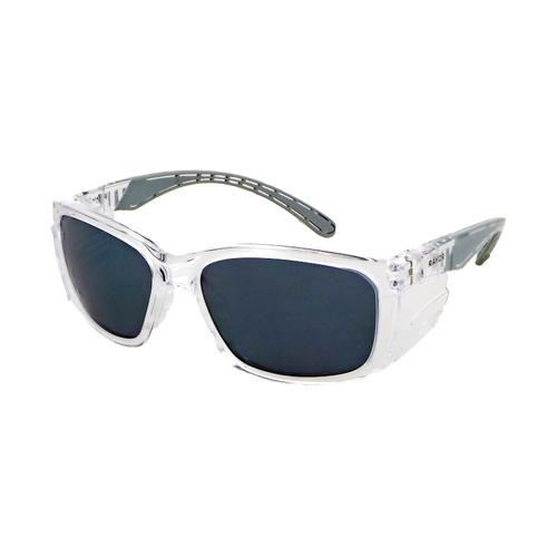 WORKWEAR, SAFETY & CORPORATE CLOTHING SPECIALISTS Rayzr Safety Glasses with microfibre bag - Clear Frame with Smoke Lens UV380