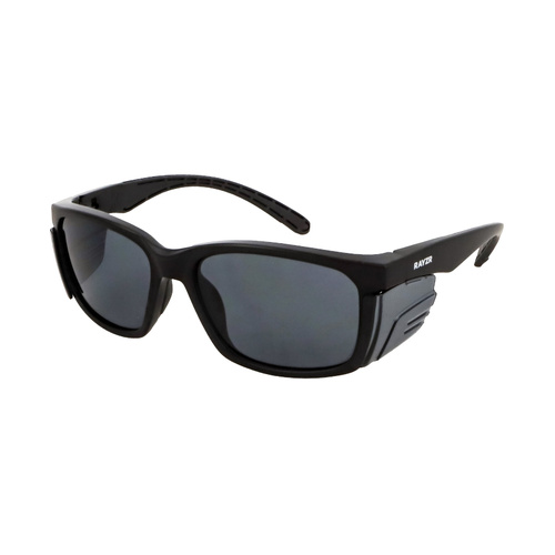 WORKWEAR, SAFETY & CORPORATE CLOTHING SPECIALISTS Rayzr Safety Glasses with microfibre bag - Black Frame with Smoke Lens UV380