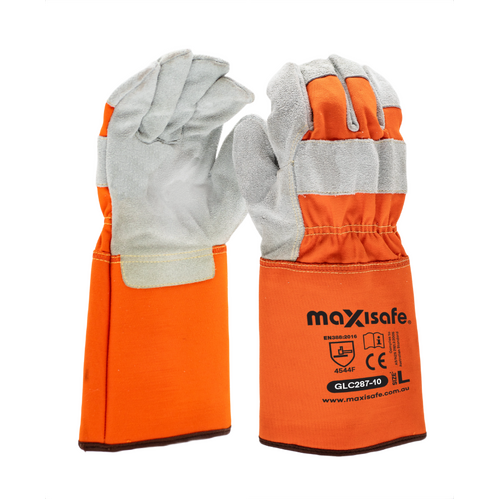 WORKWEAR, SAFETY & CORPORATE CLOTHING SPECIALISTS Cut F, Split Leather Work Gloves with Extended Cuff - Medium