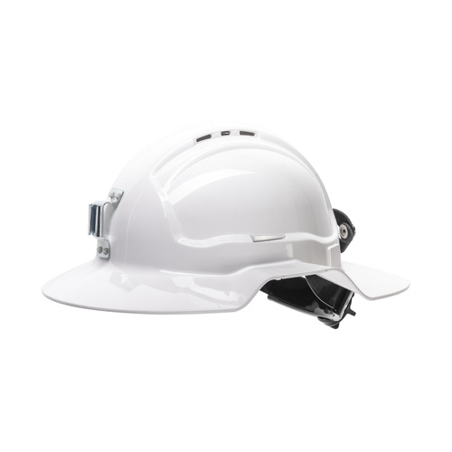 WORKWEAR, SAFETY & CORPORATE CLOTHING SPECIALISTS - White Broadbrim hard hat w/ metal miners bracket & Ratchet Harness - Made in Australia
