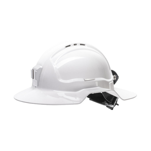 WORKWEAR, SAFETY & CORPORATE CLOTHING SPECIALISTS White Broadbrim hard hat with plastic miners bracket / leather rear lead strap - Made in Australia