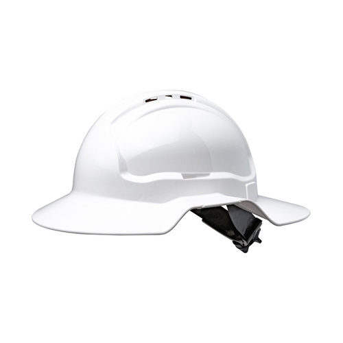 WORKWEAR, SAFETY & CORPORATE CLOTHING SPECIALISTS White Broad Brim Vented Hard Hat   Ratchet