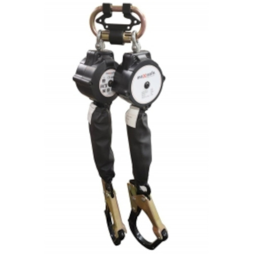 WORKWEAR, SAFETY & CORPORATE CLOTHING SPECIALISTS Maxisafe Twin Self-Retractable 2M lanyard w/ Carabiner & Aluminium Hook