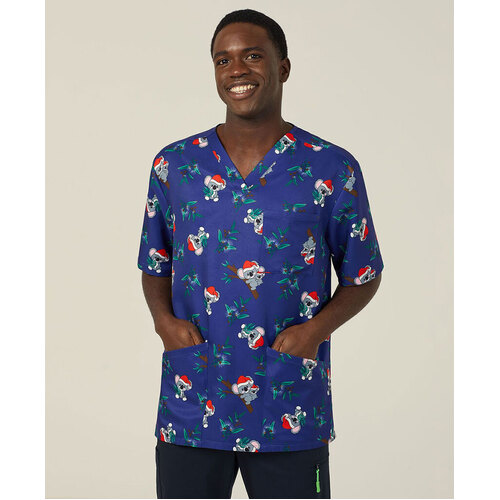 WORKWEAR, SAFETY & CORPORATE CLOTHING SPECIALISTS SANTA KOALA SCRUB TOP - UNISEX-Midnight Koala Print-2XS