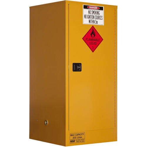 WORKWEAR, SAFETY & CORPORATE CLOTHING SPECIALISTS FLAMMABLE STORAGE CABINET 205L - 1 DOOR, ROLLER SET SHELF