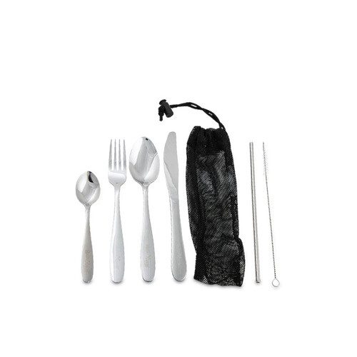 WORKWEAR, SAFETY & CORPORATE CLOTHING SPECIALISTS - 6pce ??S/STEEL CUTLERY SET IN MESH BAG ??KNF/FK/TBS/TSP/STRAW & BRUSH