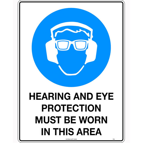 WORKWEAR, SAFETY & CORPORATE CLOTHING SPECIALISTS - 90x55mm - Self Adhesive - Sheet of 10 - Hearing and Eye Protection Must be Worn