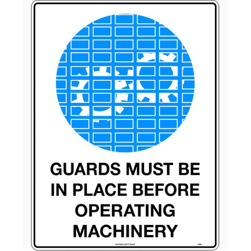 WORKWEAR, SAFETY & CORPORATE CLOTHING SPECIALISTS - 600x400mm - Metal, Class 1 Reflective - Guards Must be in Place Before Operating Machinery