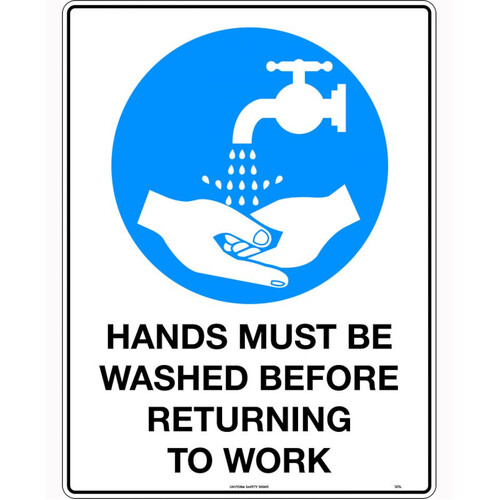 WORKWEAR, SAFETY & CORPORATE CLOTHING SPECIALISTS - 240x180mm - Self Adhesive - Hands Must be Washed Before Returning to Work