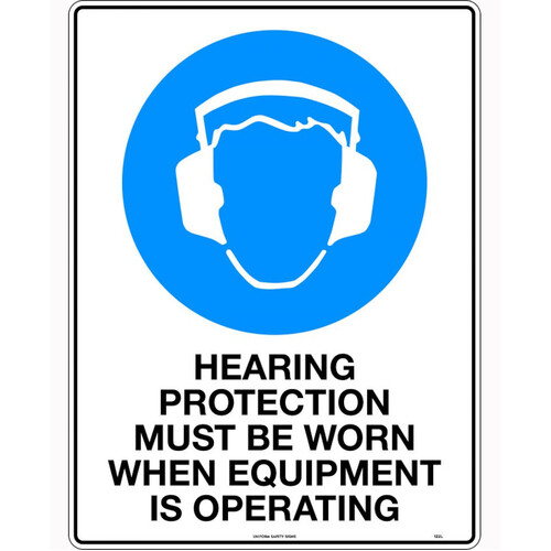 WORKWEAR, SAFETY & CORPORATE CLOTHING SPECIALISTS - 240x180mm - Self Adhesive - Hearing Protection Must be When when Equipment is Operating