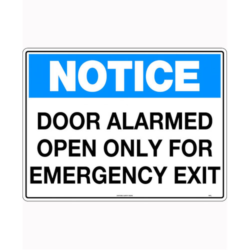 WORKWEAR, SAFETY & CORPORATE CLOTHING SPECIALISTS 600x400mm - Corflute -  Notice Door Alarmed Open Only For Emergency Exit