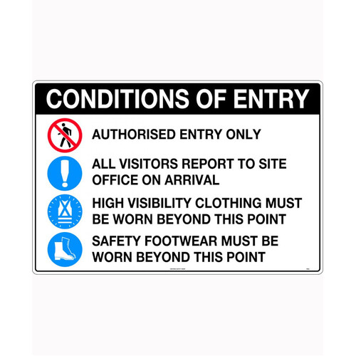 WORKWEAR, SAFETY & CORPORATE CLOTHING SPECIALISTS - 900x600mm - Corflute - Conditions of Entry Authorised Entry Only etc . (with pictos)