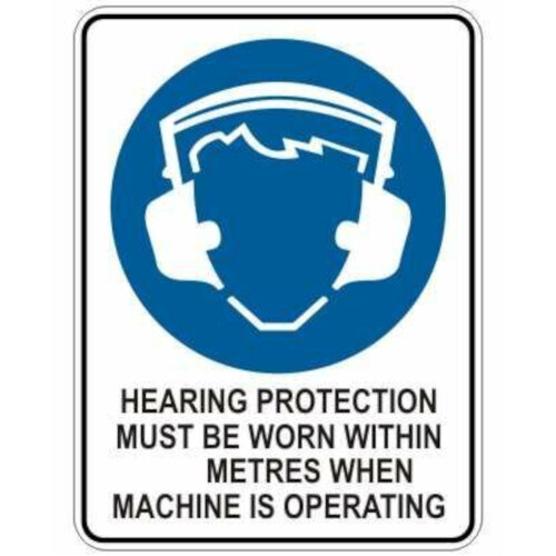 WORKWEAR, SAFETY & CORPORATE CLOTHING SPECIALISTS 600x400mm - Metal - Hearing Protection Must Be Worn Within ___ Metres When Machine Is Operating