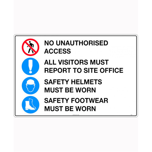 WORKWEAR, SAFETY & CORPORATE CLOTHING SPECIALISTS - 900x600mm - Metal - No Unauthorised Access / All Visitors Must Report To Site Office / Safety Helmet