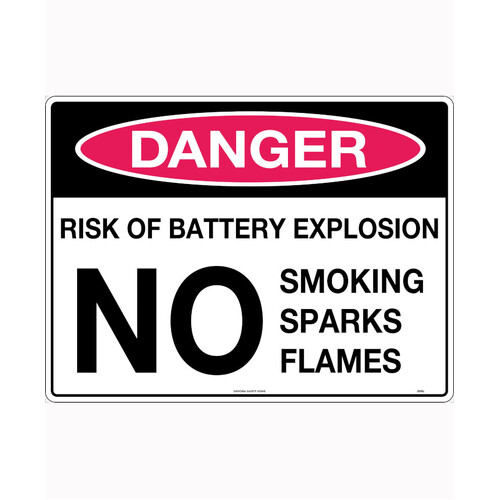 WORKWEAR, SAFETY & CORPORATE CLOTHING SPECIALISTS 240x180mm - Self Adhesive - Danger Risk of Battery Explosion No Smoking Sparks Flames