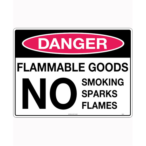 WORKWEAR, SAFETY & CORPORATE CLOTHING SPECIALISTS - 240x180mm - Self Adhesive - Danger Flammable Goods No Smoking Sparks Flames