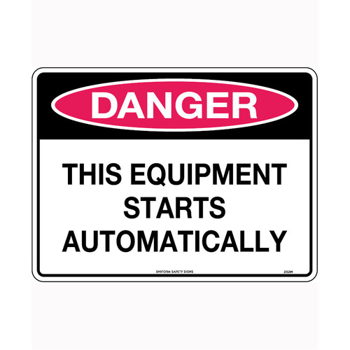 WORKWEAR, SAFETY & CORPORATE CLOTHING SPECIALISTS - 90x55mm - Self Adhesive - Sheet of 10 - Danger This Equipment Starts Automatically