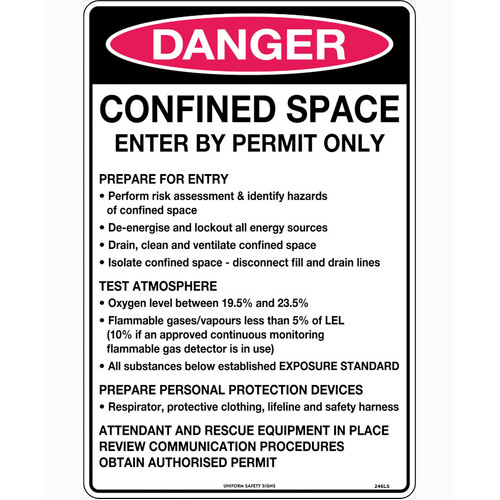 WORKWEAR, SAFETY & CORPORATE CLOTHING SPECIALISTS - 450x300mm - Poly - Danger Confined Space Enter by Permit Only Prepare for Entry etc.