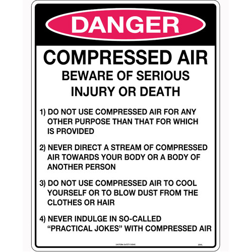 WORKWEAR, SAFETY & CORPORATE CLOTHING SPECIALISTS - 240x180mm - Self Adhesive - Danger Compressed Air Beware of Serious Injury or Death etc.