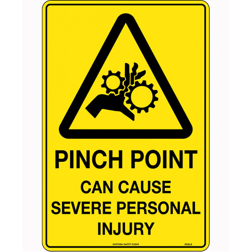 WORKWEAR, SAFETY & CORPORATE CLOTHING SPECIALISTS - 240x180mm - Self Adhesive - Blk/Ylw - Caution Pinch Point Can Cause Severe Personal Injury