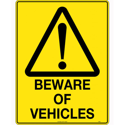 WORKWEAR, SAFETY & CORPORATE CLOTHING SPECIALISTS 240x180mm - Self Adhesive - Blk/Ylw - Beware of Vehicles