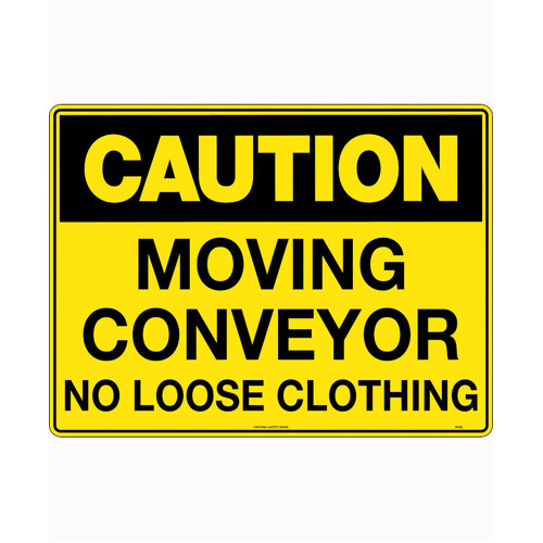 WORKWEAR, SAFETY & CORPORATE CLOTHING SPECIALISTS 240x180mm - Self Adhesive - Blk/Ylw - Caution Moving Conveyor No Loose Clothing