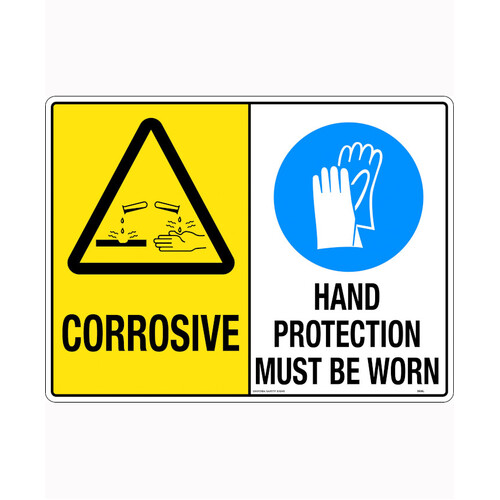 WORKWEAR, SAFETY & CORPORATE CLOTHING SPECIALISTS 450x300mm - Metal - Multi Sign - Corrosive / Hand Protection Must Be Worn