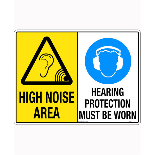 WORKWEAR, SAFETY & CORPORATE CLOTHING SPECIALISTS 450x300mm - Metal - Multi Sign - High Noise Area / Hearing Protection Must Be Worn