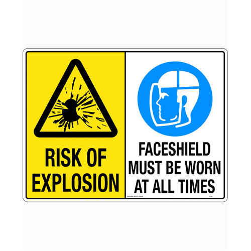 WORKWEAR, SAFETY & CORPORATE CLOTHING SPECIALISTS - 600x400mm - Metal - Multi Sign - Risk Of Explosion/Face Shield Must Be Worn At All Times