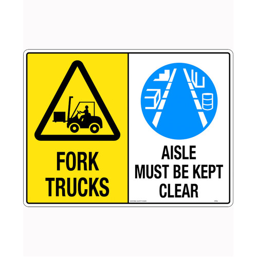 WORKWEAR, SAFETY & CORPORATE CLOTHING SPECIALISTS 450x300mm - Metal - Multi Sign - Fork Trucks / Aisle Must Be Kept Clear
