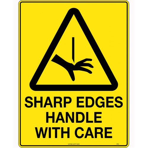 WORKWEAR, SAFETY & CORPORATE CLOTHING SPECIALISTS - 240x180mm - Self Adhesive - Blk/Ylw - Caution Sharp Edges Handle with Care