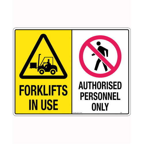 WORKWEAR, SAFETY & CORPORATE CLOTHING SPECIALISTS 450x300mm - Metal - Multi Sign - Forklifts in Use / Authorised Personnel Only
