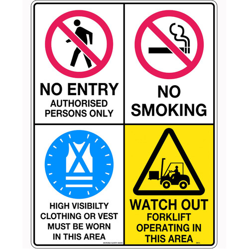 WORKWEAR, SAFETY & CORPORATE CLOTHING SPECIALISTS 600x400mm - Metal - Multi Sign - No Entry / No Smoking / Hi Visibility / Watch Out For Forklifts