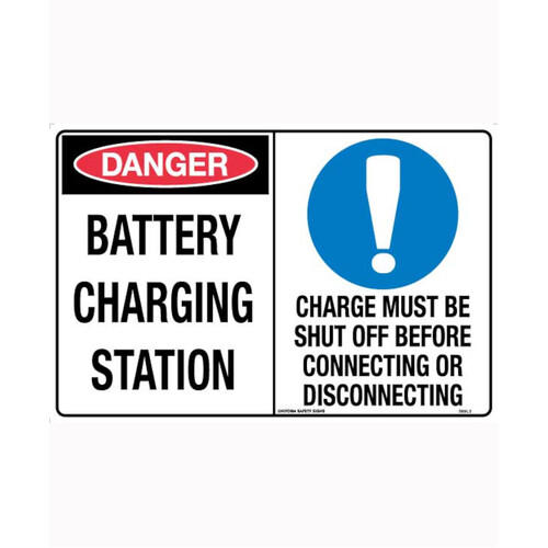 WORKWEAR, SAFETY & CORPORATE CLOTHING SPECIALISTS - 450x300mm - Poly - Danger Battery Charging Station / Charge Must Be Shut Off Before Connecting or Di